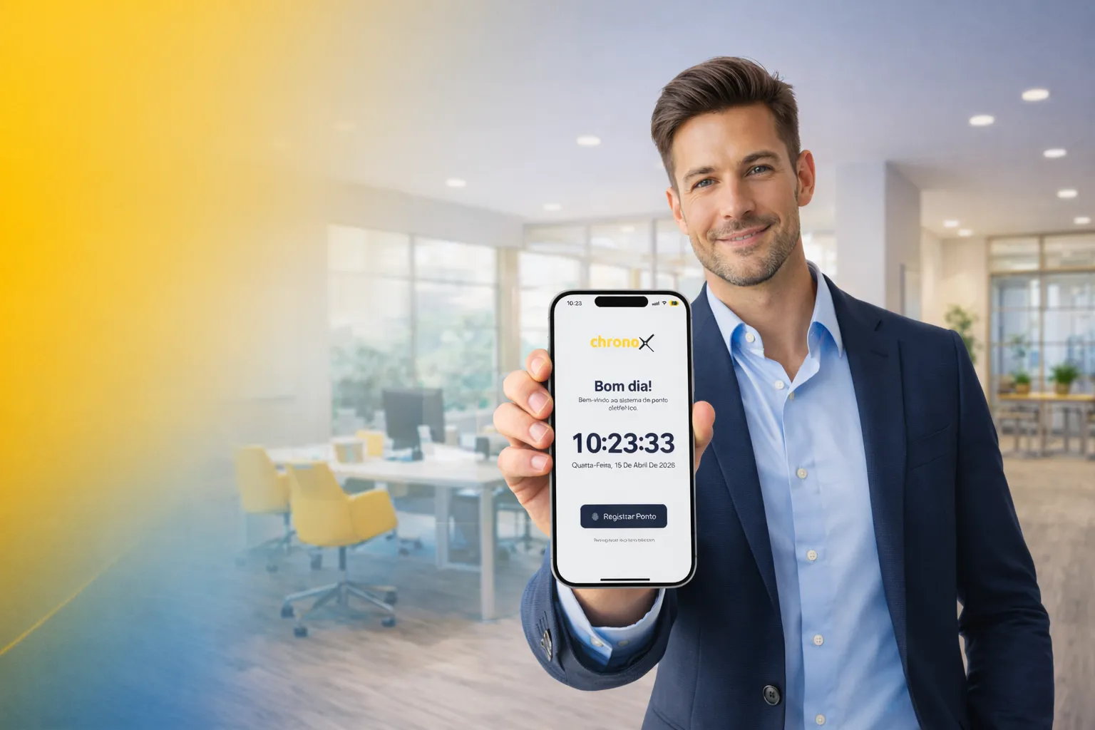 Colaborador usando o app Chronox para registrar o ponto